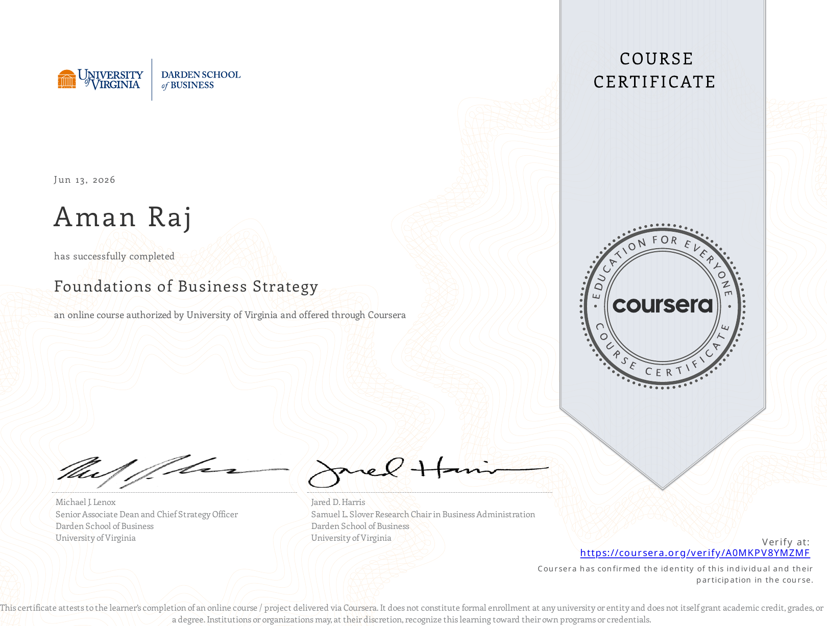 University of Virginia Foundations of Business Strategy certificate